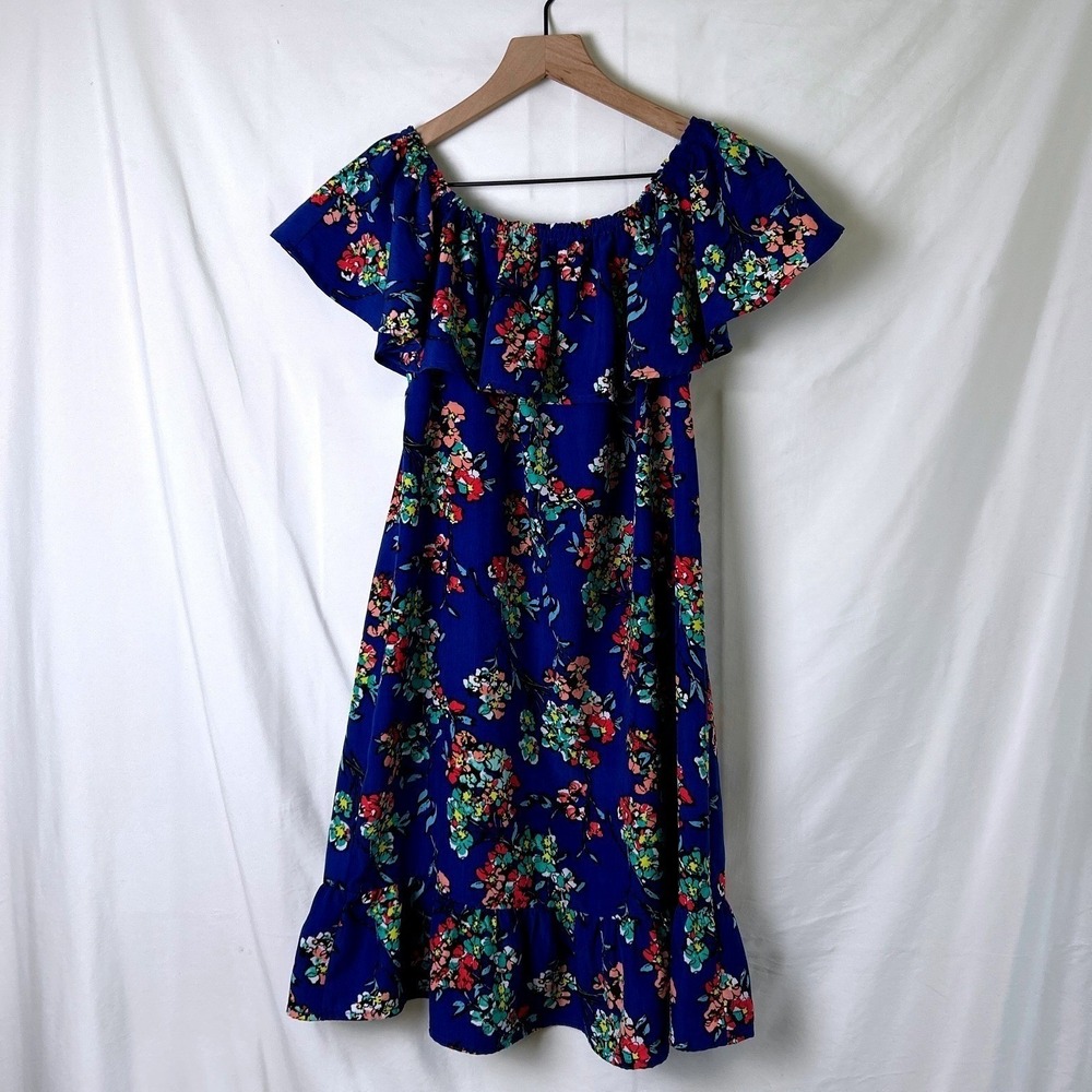 Merona Womens Mini Dress Blue Floral Off Shoulder Size S Tropical Garden Party